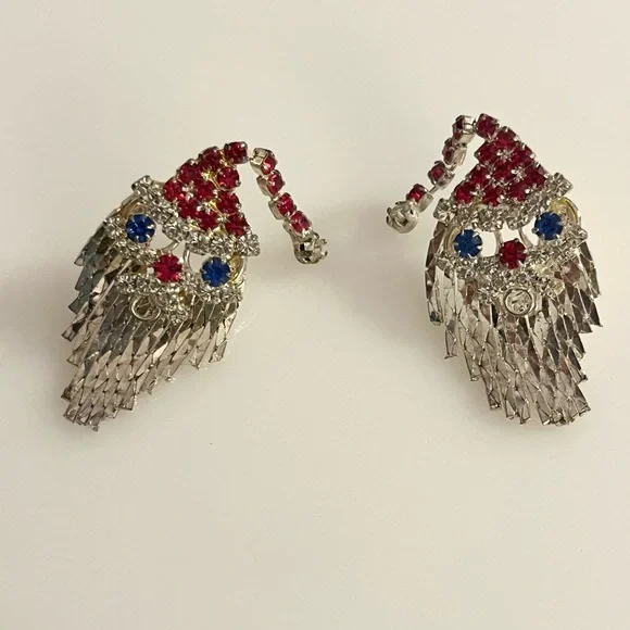 Holiday Christmas Vintage Santa Clause Stocking Gem Rhinestone Earrings - Picture 4 of 16